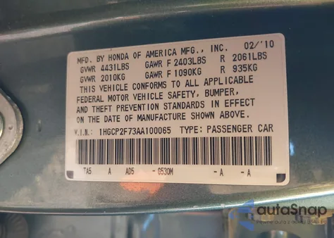 2010 Honda Accord 2.4 Ex z USA, uszkodzony, nr VIN 1HGCP2F73AA100065